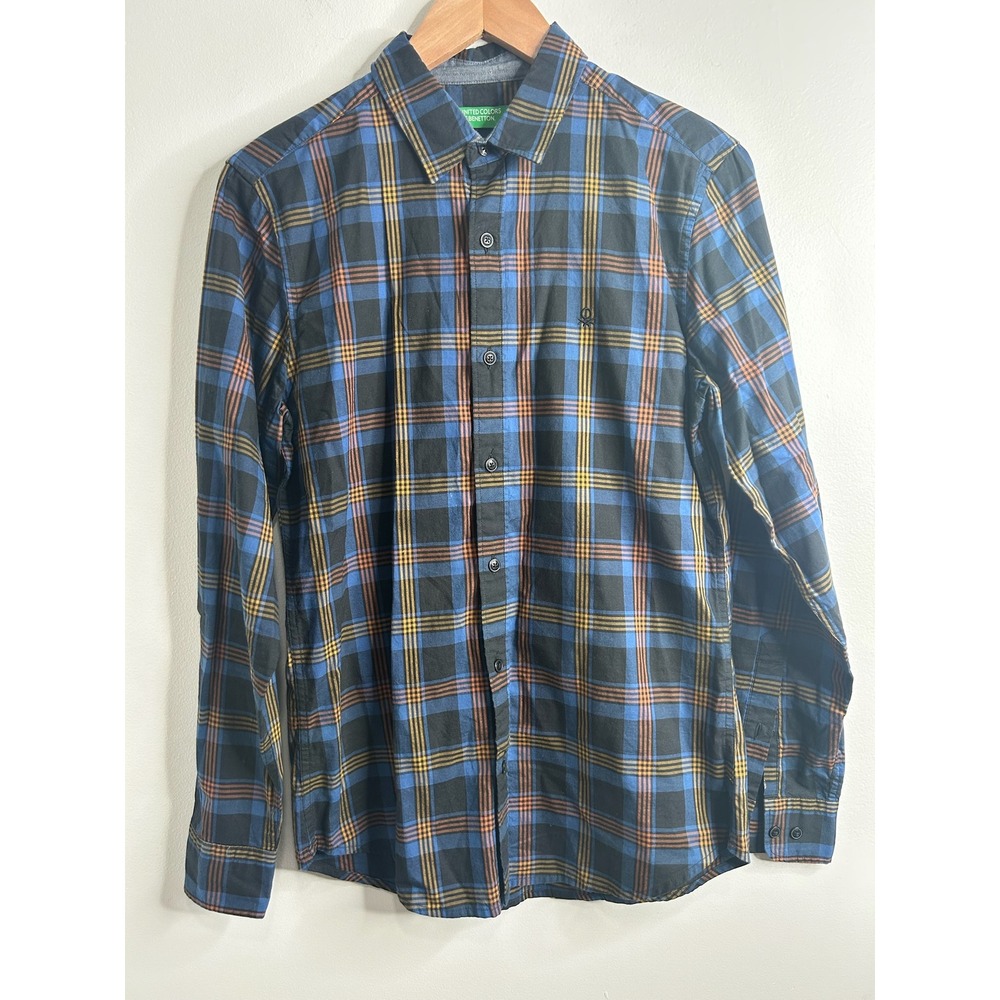 United Colors‎ of Benetton Mens Plaid Button Down Shirt Blue Orange Cotton Small